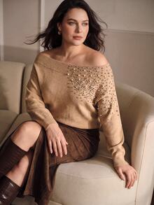 MOTF PREMIUM PLUS SIZE FAUX PEARL AND RHINESTONE DECORATED SWEATER WINTER FORMAL EVENING CAMEL ELEGANT - Khaki - View 3
