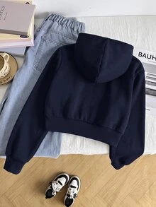 SHEIN 少女寬鬆休閒基本款極簡舒適街頭風連帽修身前短後長長袖冬季外套 白色秋季 - 藍色 - 查看 2