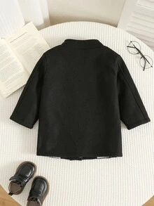 SHEIN 男女嬰幼兒/幼童秋冬保暖內裡加厚休閒時尚學院風黑色立領大衣，嬰兒棉襖冬外套，抓絨加厚 - 黑色 - 查看 2