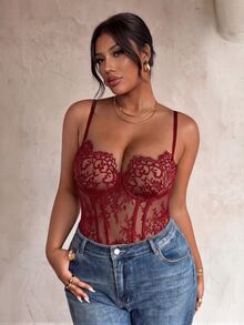 Firerie Plus Size Sexy Lace Boning Slim Fit Bodysuit For Hot Girls - Burgundy - View 7