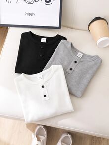 SHEIN 3件組兒童男童休閒舒適風紋理布料木紋細節鈕扣 Polo 衫圓領長袖 T-shirt 多件套裝 3 色各 1 件/組 適合居家休閒外出街拍玩耍 2 件套 - 彩色 - 查看 6