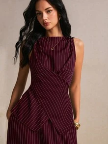 Poéselle Setelan 2 Potong Atasan Tank Top dan Rok Bergaris Elegan untuk Wanita untuk Beraktivitas di Luar Rumah - Burgundy - View 7