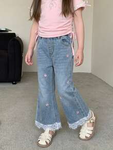 Dazy Kids Young Girls' Lace Patchwork Flared Washed Light Blue Denim Jeans Fall - Light Wash - View 5