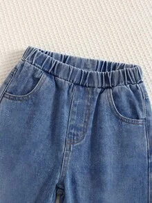 2件組小男孩可愛白色秋季運動衫與藍色丹寧運動服，返校季夏季校園，兒童長袖小男孩兩件式牛仔套裝 - 彩色 - 查看 5