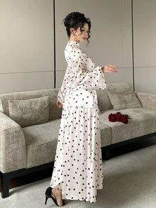 DAZY Women's Polka Dot Print Stand Collar Long Sleeve Ruffle Hem Dress Fall - White - View 2