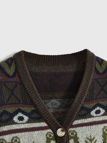 ROMWE Fairycore Plus Size Women's Mori Style Knit Cardigan, Vintage Totem Short Loose Sweater, Autumn/Winter Daily Outerwear - Multicolor - View 3