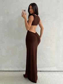 Aloruh Women's Spring/Summer Vacation New Brown Sleeveless Bodycon Fishtail Dress, Suitable For Street, Daily, Commuting - Brown - View 2