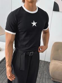 SWAVVY 男士夏季休閒寬鬆版型短袖白色對比色圖案印花T恤 - 黑與白 - 查看 7