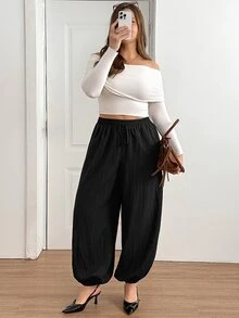 Shapeblank Plus-Size Women's Summer Casual Traditional Loose Slimming Textured Fabric Black Elastic Waist Lantern Pants Bottom Formal Office Dinner - Black - View 5