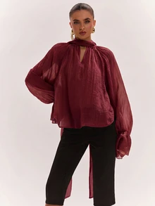 SHEIN BAE 女款優雅通勤純色蝴蝶結襯衫 - 酒紅色 - 查看 6