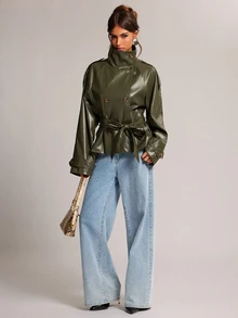 SHEIN BAE Women's Solid Color PU Leather Double-Breasted Fashion Trench Coat - Green - View 1
