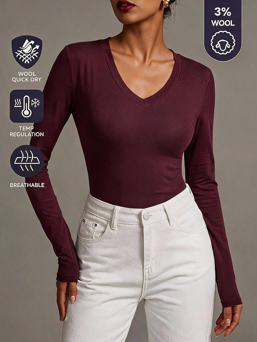 SHEIN BASICS Women's Solid Color Slim Fit Versatile Everyday Long Sleeve T-Shirt Autumn Clothes Work Outfits For Women - Burgundy - View 1