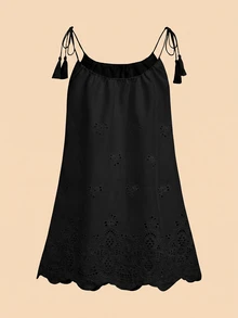Travachic 女款純色鏤空刺繡肩部流蘇結飾肩帶罩衫洋裝 - 黑色 - 查看 2