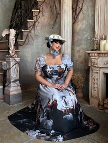 Lyrianda Fashionable Oil Painting Print Waist-Cinching Round Neck Dress Halloween - Multicolor - View 4