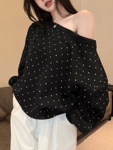 DAZY Sweatshirt Wanita Longgar Berlapisan Termal dengan Cetakan Huruf Personalisasi, Cocok untuk Musim Gugur - Hitam - View 4