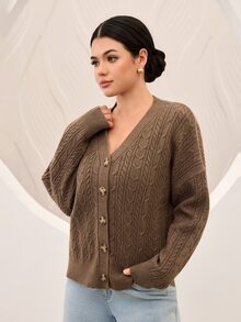 Graceveil Women's Cable Knit Versatile Elegant Autumn/Winter Cardigan - Brown - View 3