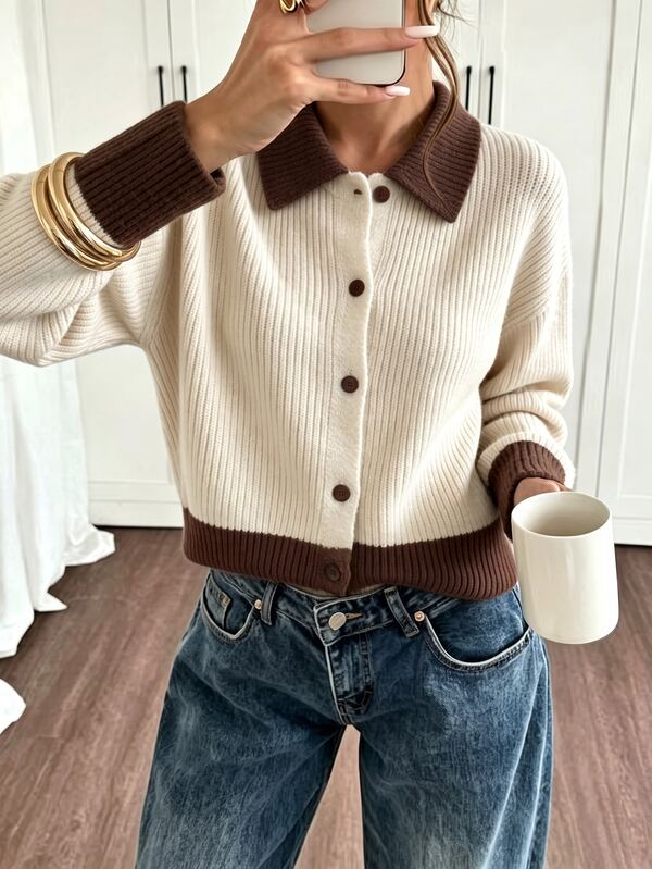 SHEIN PariChic Casual Style Loose Lapel Long Sleeve Knit  Button-Front  Apricot Women's Autumn And Winter Cardigan,Brunch Outfits For Women,Chic Top,Back To School
