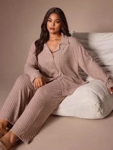 Lazeform Super Soft Ribbed Women's Plus Size Pajama Set Casual Loungewear - Pink - View 5
