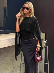 Aloruh Women's Solid Color Boat Neck Asymmetric Design Elegant Top - Black - View 5