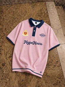 HypeHours 男士字母印花休閒百搭日常穿著短袖 Polo 衫 - 彩色 - 查看 3