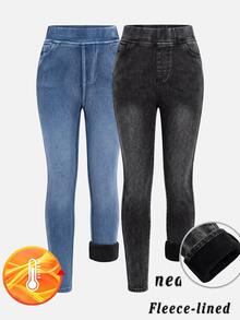 SHEIN Girlism 2件裝女童秋冬丹寧刷毛內裡彈性緊身長褲 - 彩色 - 查看 2