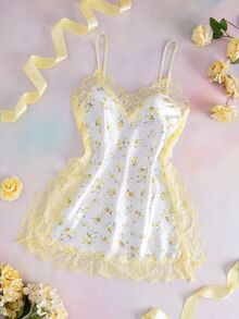 Elorette Série de Casamento de Outono Chique Francês Renda Floral Branca Verão Férias 1 Peça Romântico Minimalista Elegante Renda Cetim Camisola Feminina - Amarelo - Visão 1