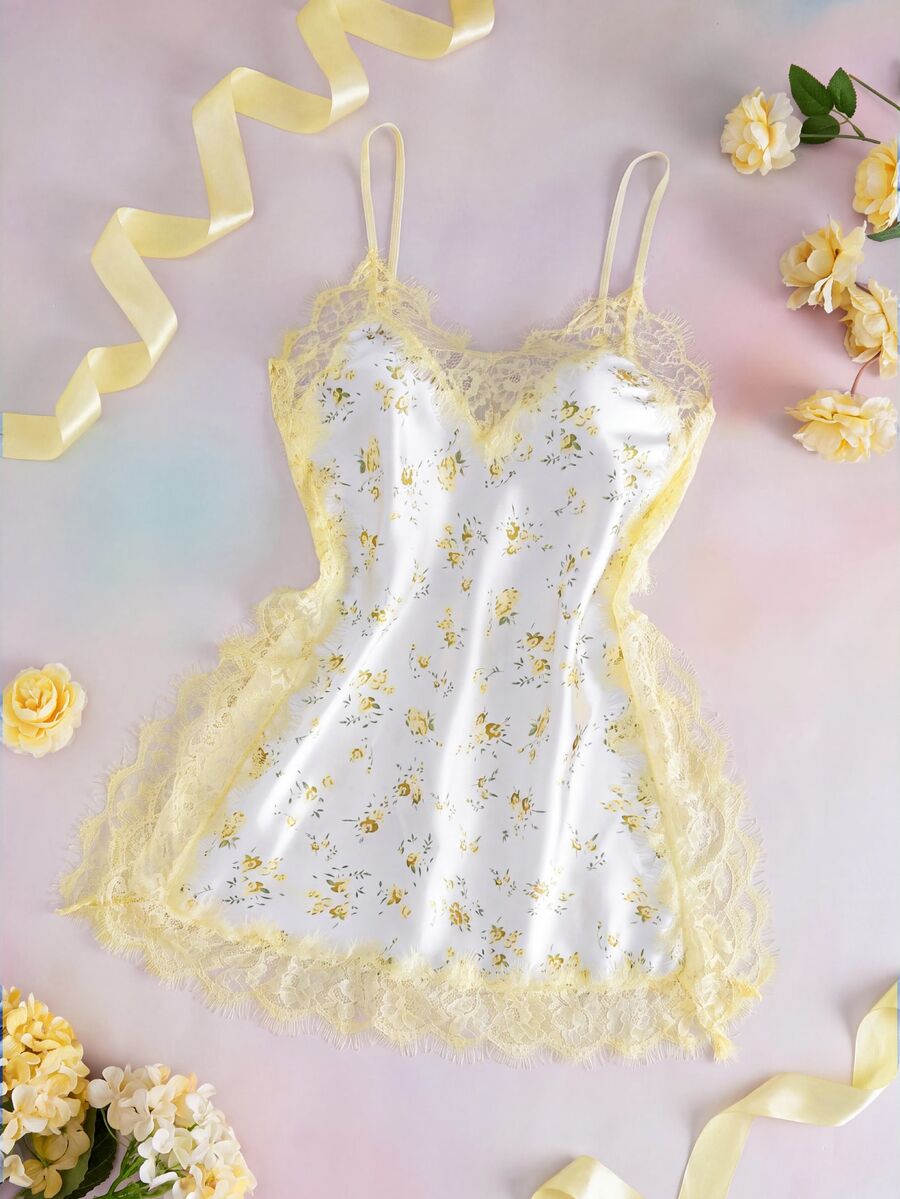 Elorette Série de Casamento de Outono Chique Francês Renda Floral Branca Verão Férias 1 Peça Romântico Minimalista Elegante Renda Cetim Camisola Feminina - Amarelo - Visão 1