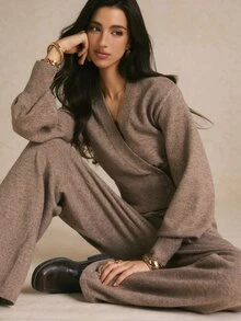 Poéselle Women's Solid Color Single-Breasted Dropped Shoulder Long Sleeve Knit Cardigan And Knit Pants Casual Set - Khaki - View 2