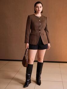 MOTF PREMIUM JAKET MUSIM DINGIN WANITA UKURAN BESAR ELEGAN DENGAN KANCING TUNGGAL, BAGIAN DEPAN TERBUKA, DAN PINGGANG YANG DISEMPURKAN - Coklat - View 3