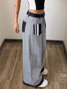 SHEIN Women's Casual Striped Curved Leg Jeans - Blue - View 7