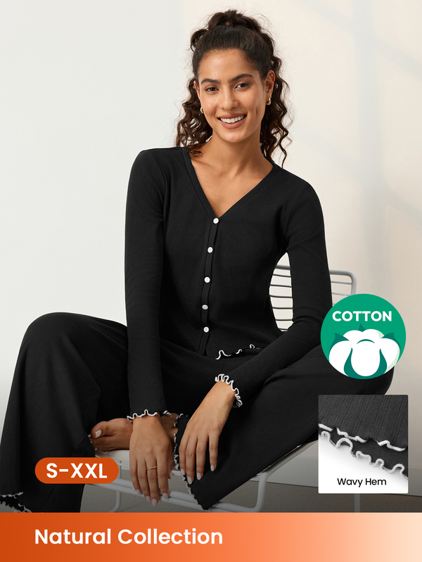 LUVLETTE Conjunto de ropa de estar en casa para mujer en color negro, cárdigan de manga larga con botones delanteros y pantalones de pierna ancha con ribete blanco en contraste, pijamas para exterior
