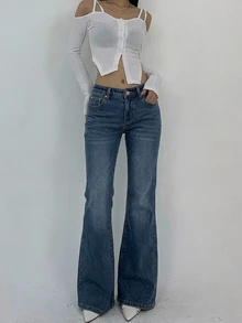 DAZY 女款冬季保暖內裡喇叭牛仔褲 - 藍色 - 查看 6