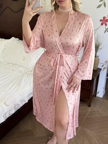 CottageSlumber Plus Size Women's Knit Ditsy Floral Tie-Front Robe - Dusty Pink - View 5