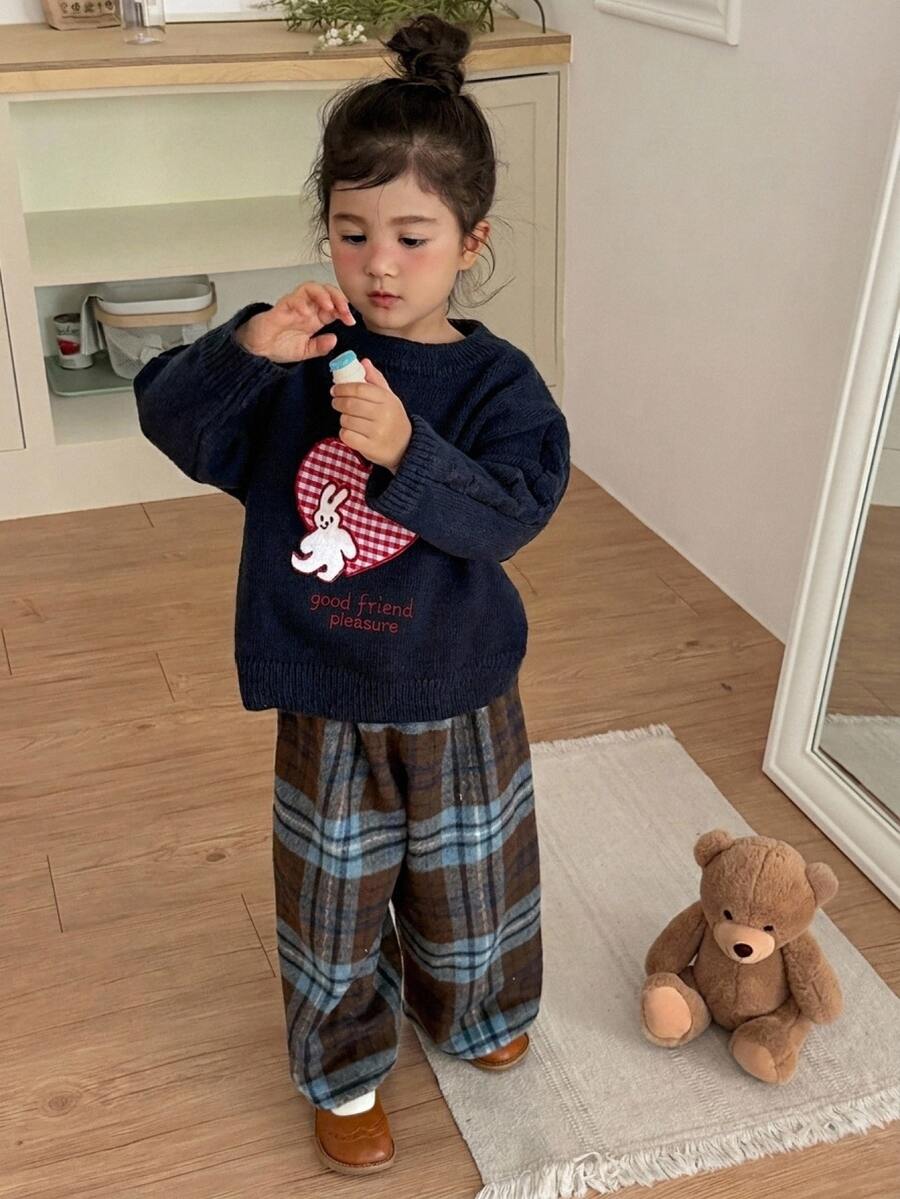 DAZY Sweater Kasual Lengan Panjang Leher Bulat Bahu Jatuh dengan Bordir Hati untuk Anak Perempuan - Navy Blue - View 1