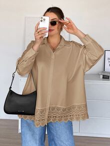 SHEIN Essnce Plus Size Women Solid Color Casual Versatile Everyday Outing Shirt - Khaki - View 1