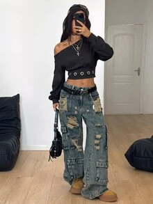 Coolane 女款秋季街頭風 Grunge 休閒 90年代 外出日常日穿 基本款露肩短版長袖黑色金屬孔眼抽繩衛衣 - 黑色 - 查看 2