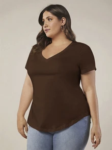 SHEIN BASICS 大尺碼純色V領T恤夏季上衣 - 棕色 - 查看 3