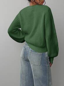 SHEIN BASICS كنزة صوفية محبوكة نسائية كاجوال بلون موحد وياقة دائرية وأكمام طويلة ملابس شتوية - أخضر - مشاهدة 2