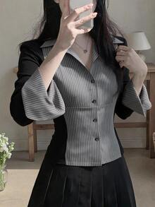 DAZY 女款條紋拼色休閒百搭日常穿著襯衫 秋季 - 灰色 - 查看 1
