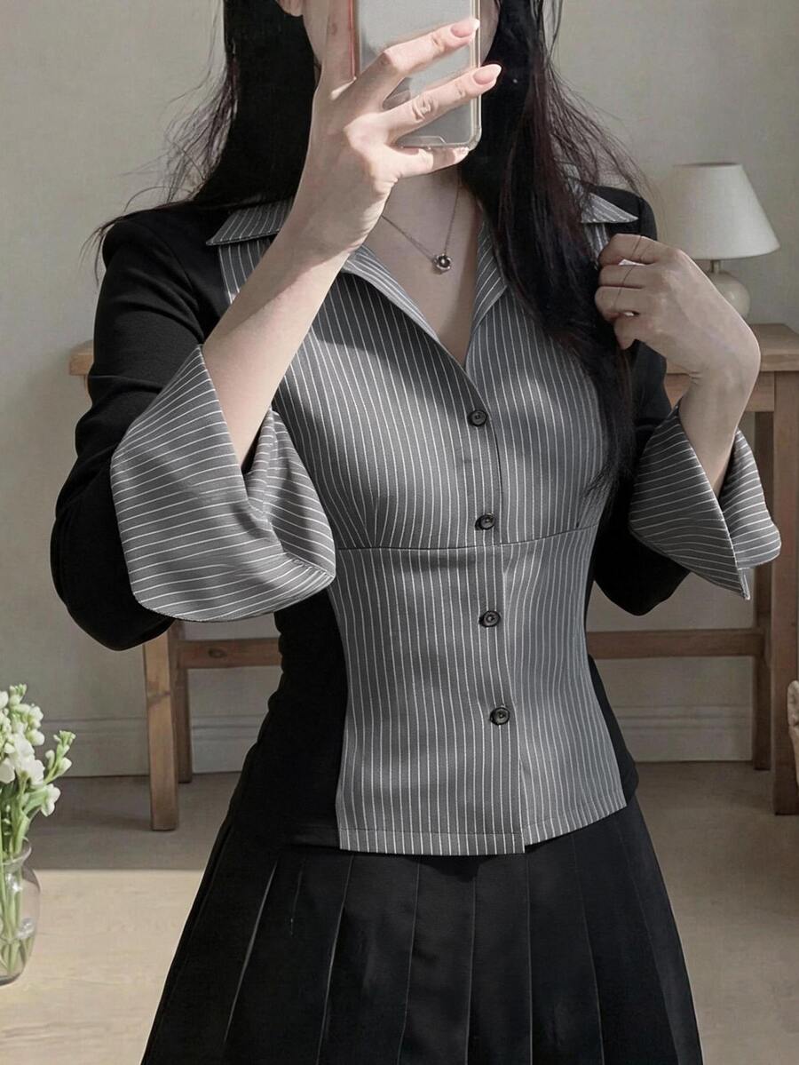 DAZY 女款條紋拼色休閒百搭日常穿著襯衫 秋季 - 灰色 - 查看 1