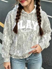 (1件) 秋冬青少年女孩休閒時尚極簡風 樹枝葉片字母 SLAY 圖案基礎連帽衛衣上衣 - 彩色 - 查看 4