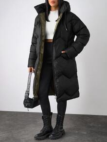 SHEIN جاكيت منتفخ مع غطاء رأس، سحاب أمامي، تفاصيل رباط، خفيف الوزن، ملابس خارجية شتوية كاجوال - الأسود - مشاهدة 3