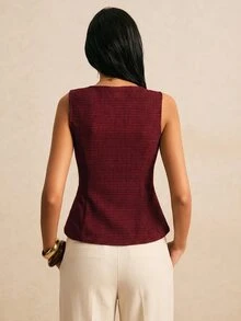 Poéselle 女款千鳥格前拉鍊休閒背心西裝外套 - 紅色 - 查看 3