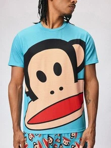 Paul Frank X SHEIN Men's Crew Neck Short Sleeve Top And Shorts Loungewear Set - Blue - View 7