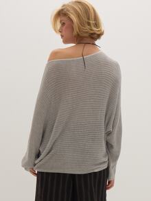 MUSEYN Sweater Lengan Panjang Kasual Wanita Warna Polos dengan Bahu Asimetris untuk Sehari-hari - Grey - View 3