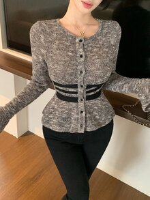 Joudiya Women's Autumn Fashion Contrast Color Striped Thin Cardigan - Brown - View 7