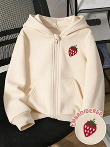 New Autumn/Winter Young Girl Zip-Up Hooded Jacket Sweatshirt With Bow Print, Versatile Outerwear Top - Apricot - View 1