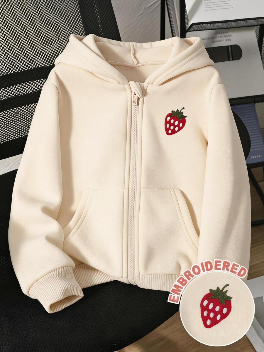 New Autumn/Winter Young Girl Zip-Up Hooded Jacket Sweatshirt With Bow Print, Versatile Outerwear Top - Apricot - View 1