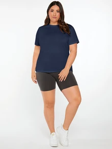 SHEIN BASICS Plus Solid Round Neck Tee Summer Tops - Navy Blue - View 3