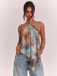 SHEIN BAE 女款掛脖背心上衣，休閒極簡度假波希米亞優雅浪漫復古豹紋抽象圖案，女款通勤穿搭，音樂節、海灘穿著、度假穿搭、女款夏季穿搭 - 彩色 - 查看 4